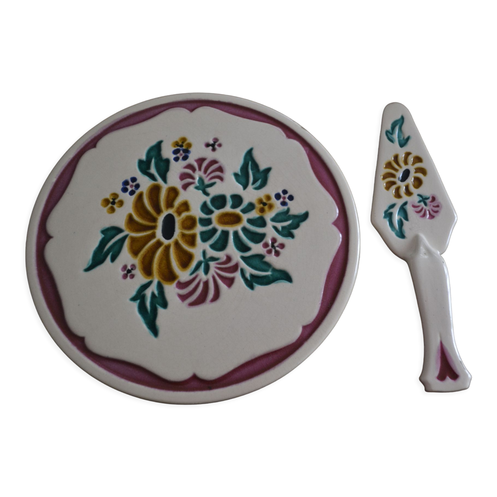 Plat à tarte  à fleurs et sa pelle assortie