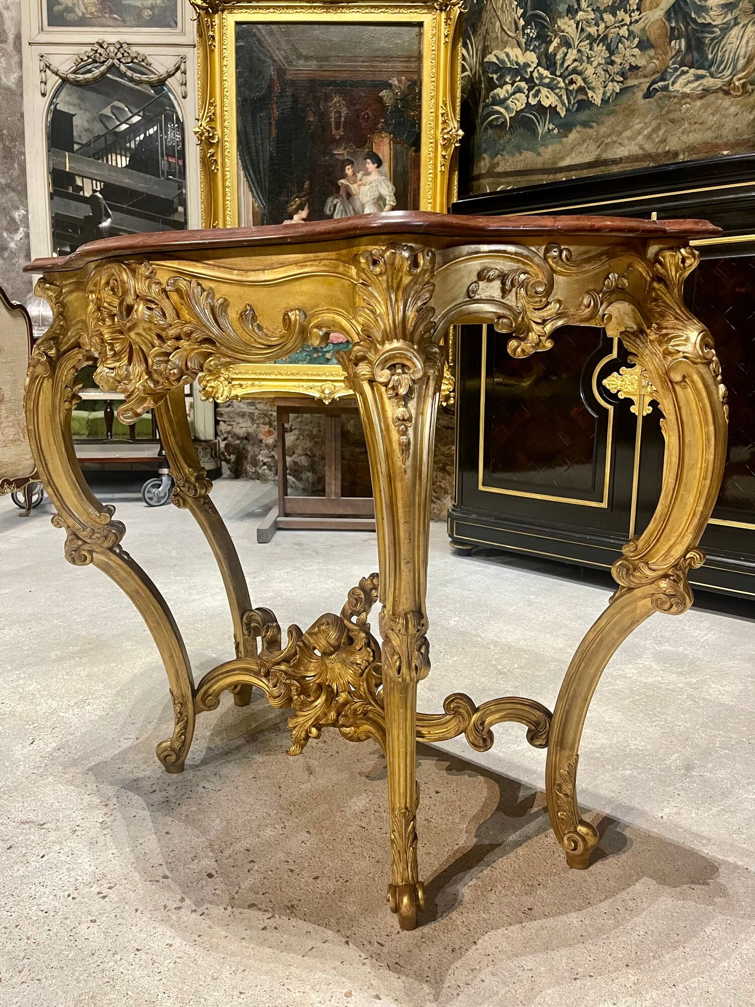 Console 4 legs Louis XV style Gilded wood period Napoleon III Griotte marble top