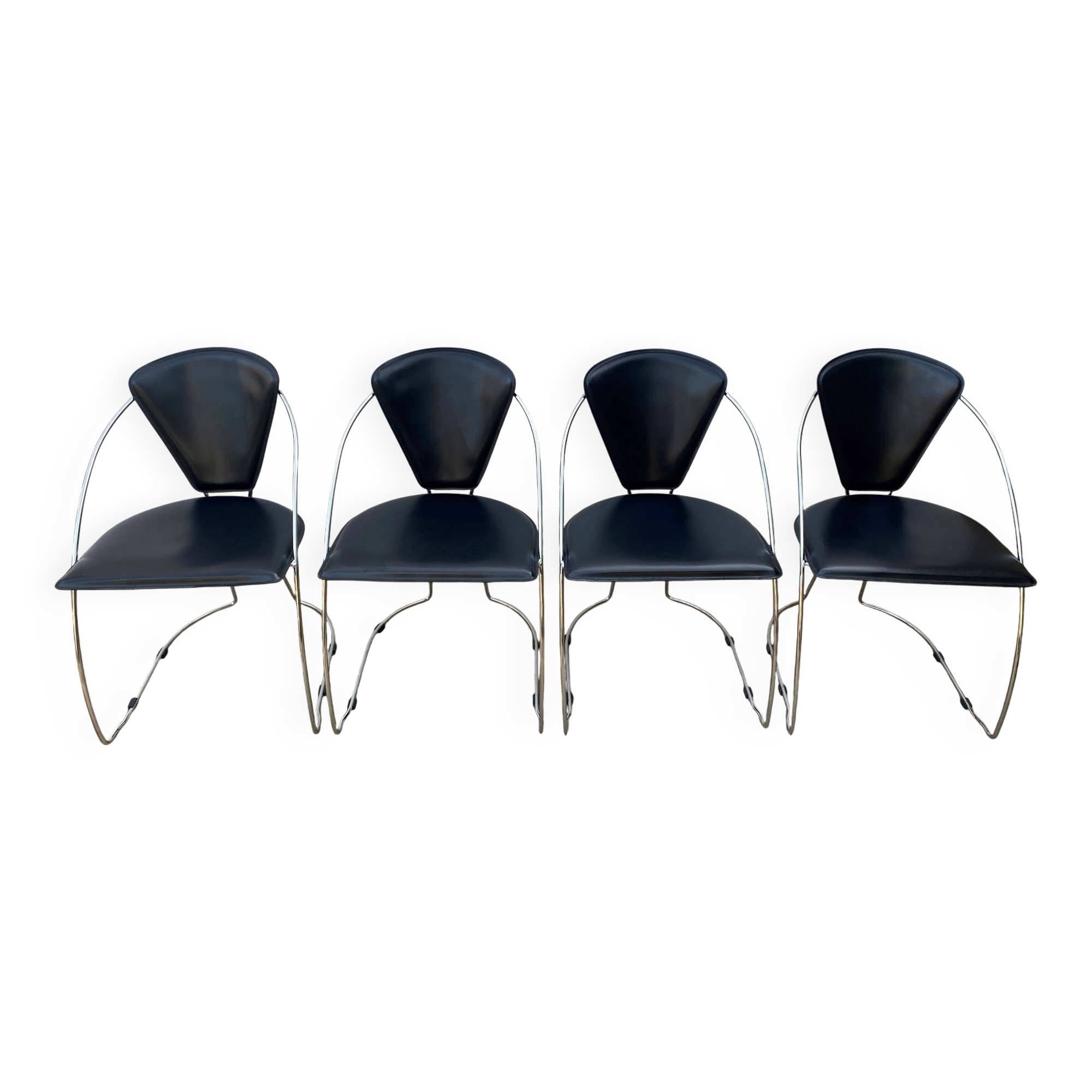 4 Linda armchairs by Arrben in black leather and chrome steel, 1980