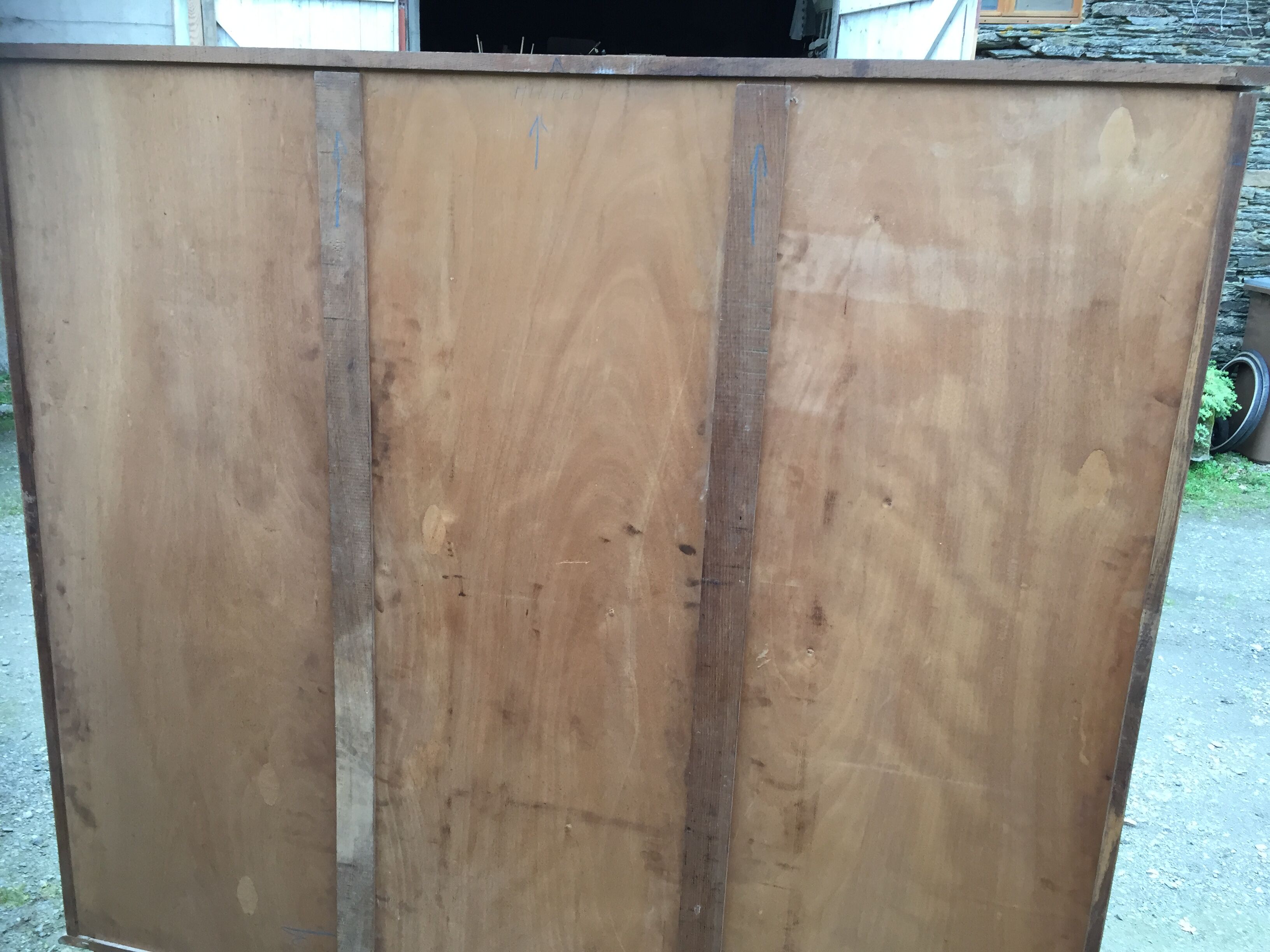 Vintage wardrobe compass feet with 3 sliding oak doors.