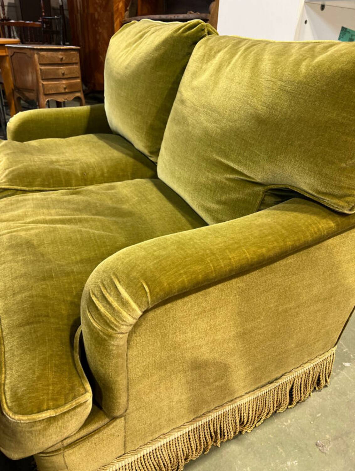 Canapé crapaud vintage 2/3 places velours vert kaki