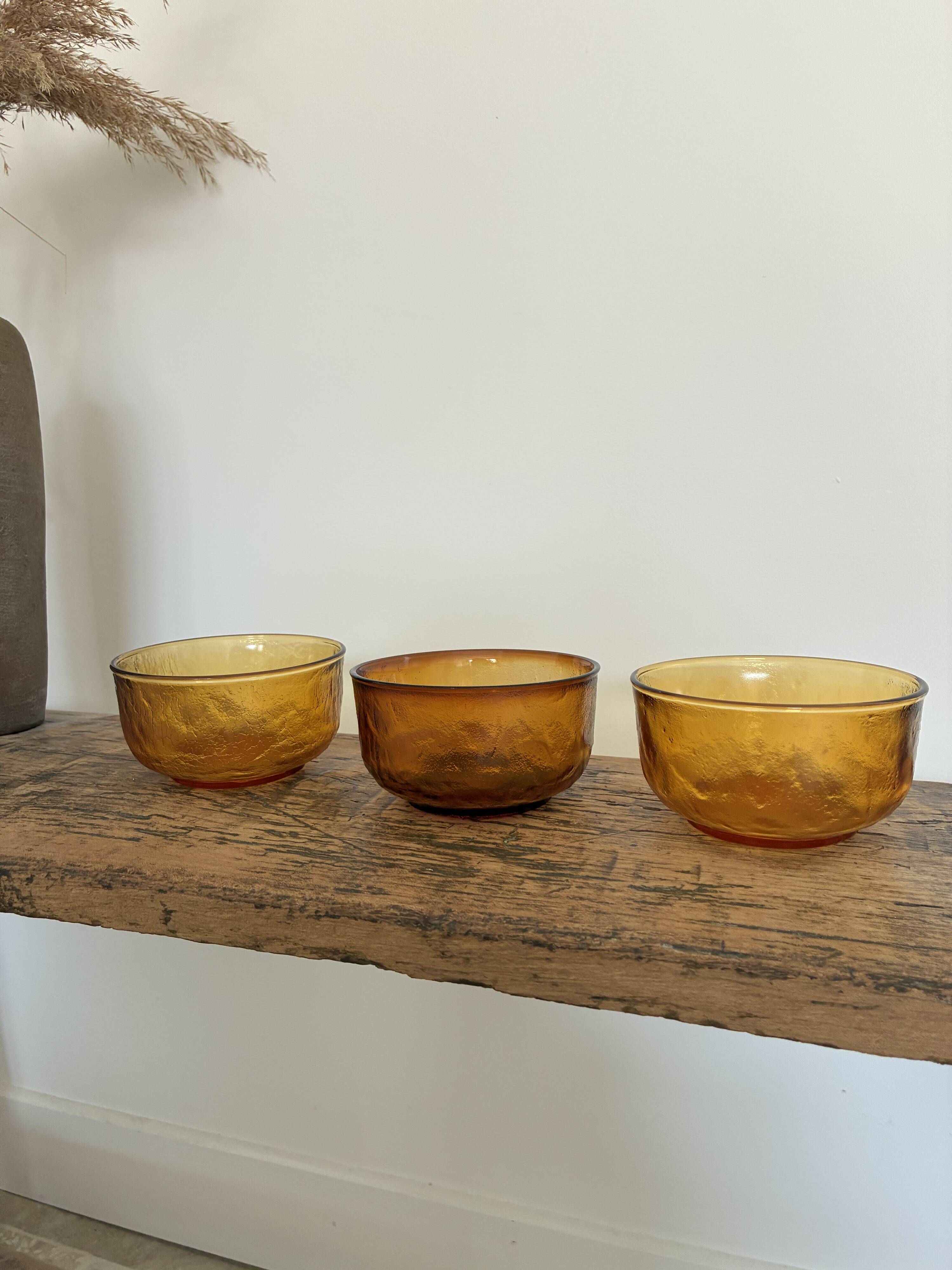 3 "Lever" brand bowls, amber textured