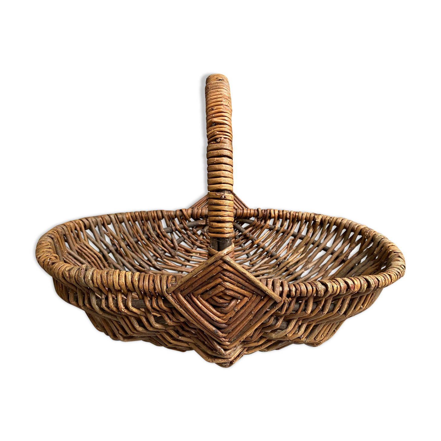 Grand Panier Ancien Plat En Bois – Cueillette De Fleurs Et Fruits – French Basket