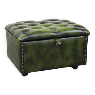 Green Cowhide Leather Chesterfield Ottoman/Storage Pouf with Wheels
