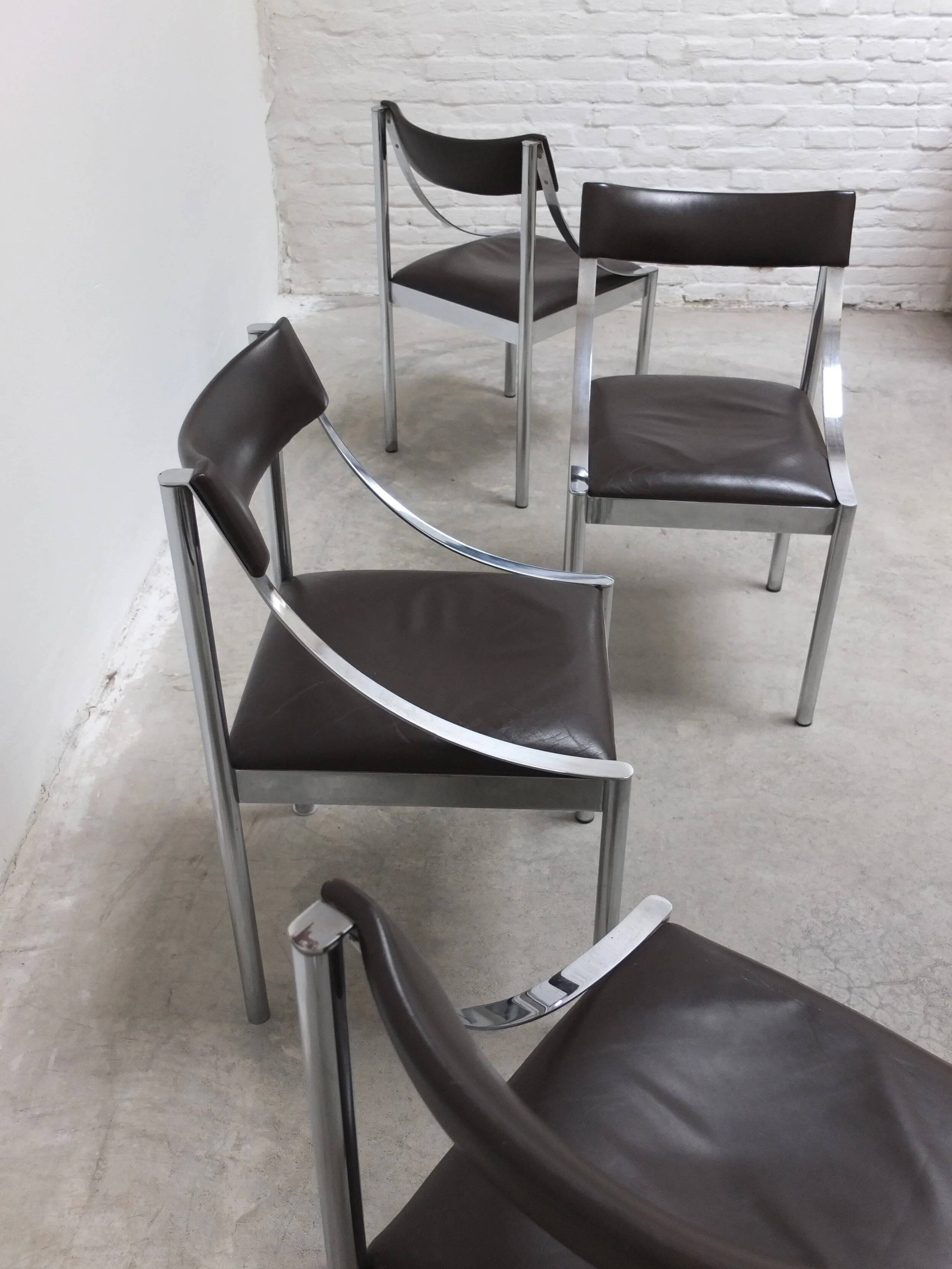 Set of 4 Italian chrome & leather dining chairs, 1970s
