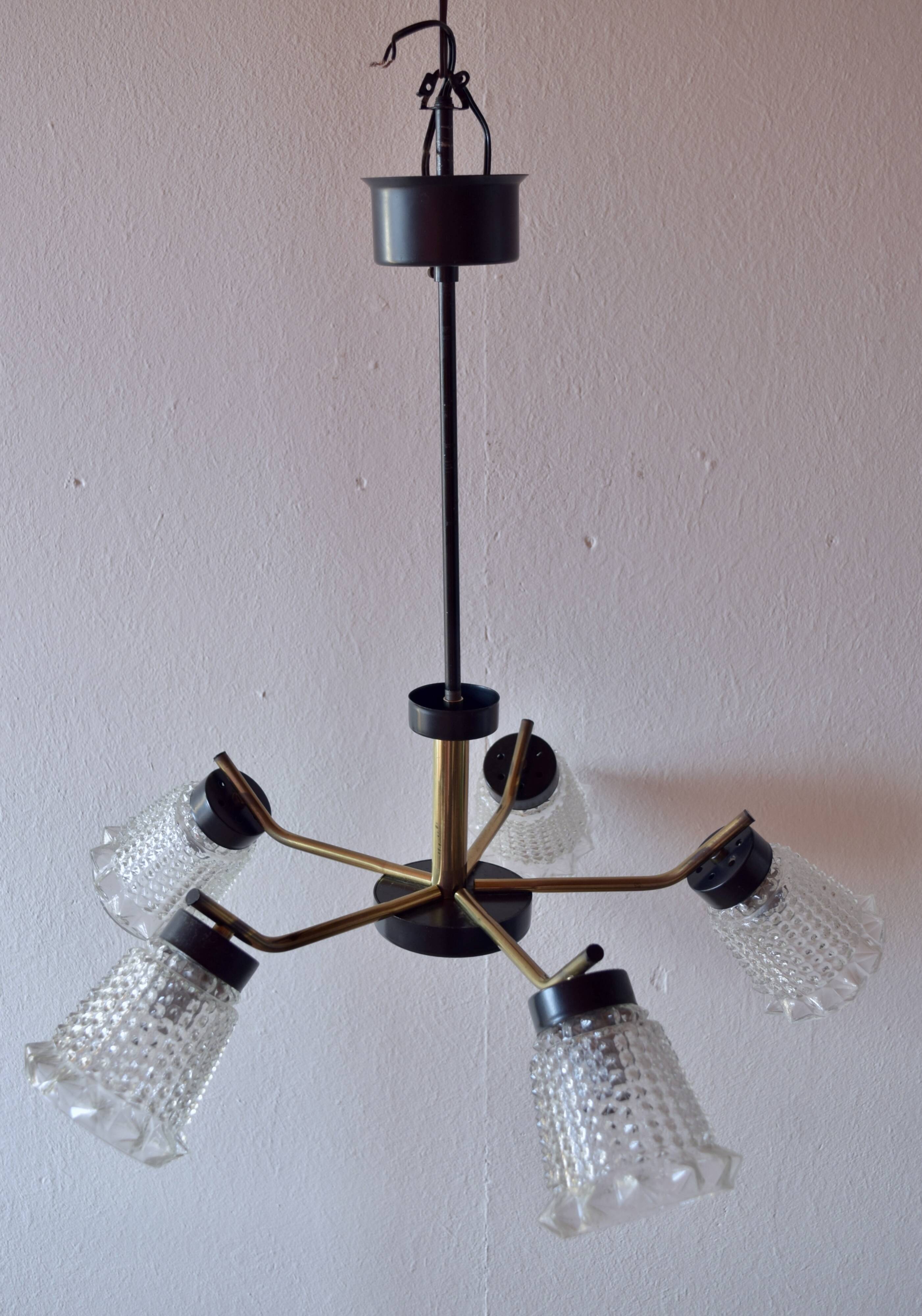 Vintage chandelier in molded glass, brass and steel - 5 branches - 1960s