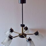 Vintage chandelier in molded glass, brass and steel - 5 branches - 1960s