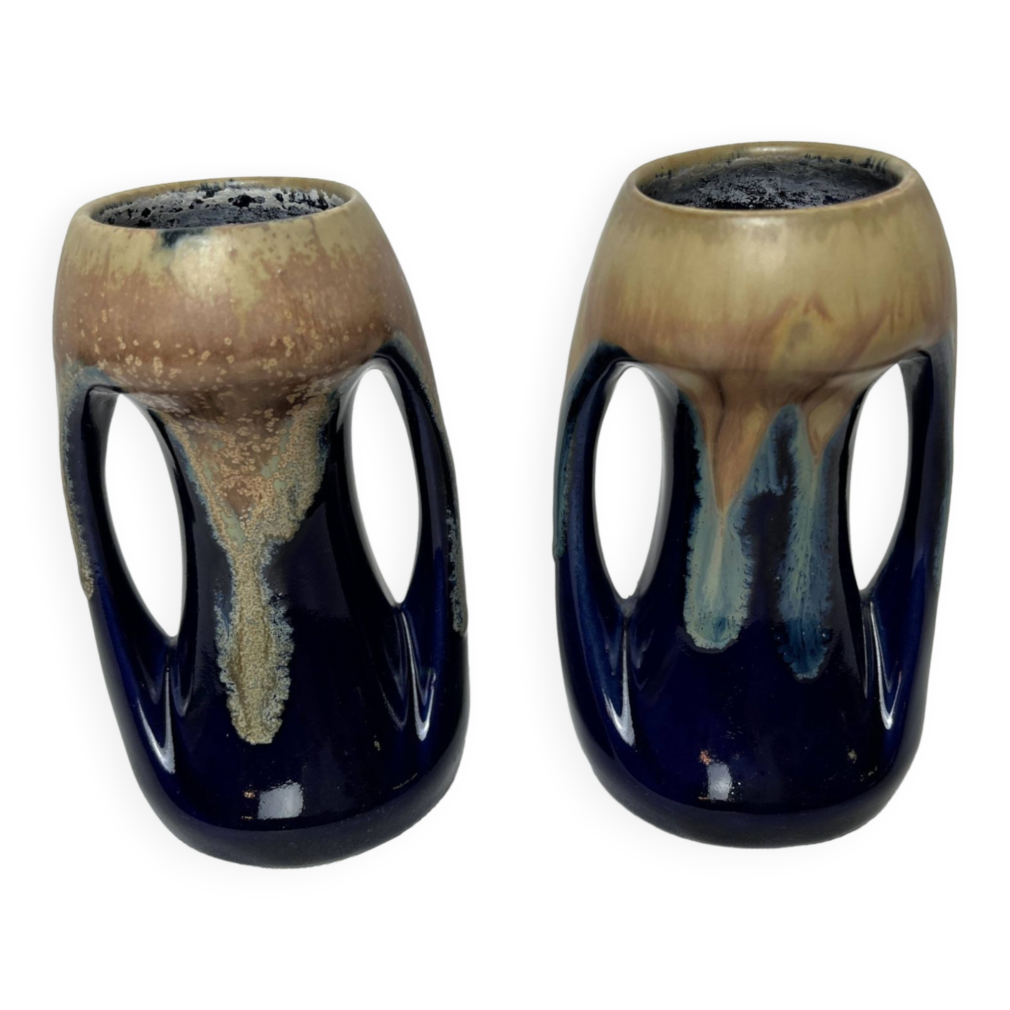Vintage pair of small enameled stoneware vases with handles circa 1960