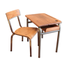 Oak desk and vintage school chair. School and administrative furniture from the 1950s.