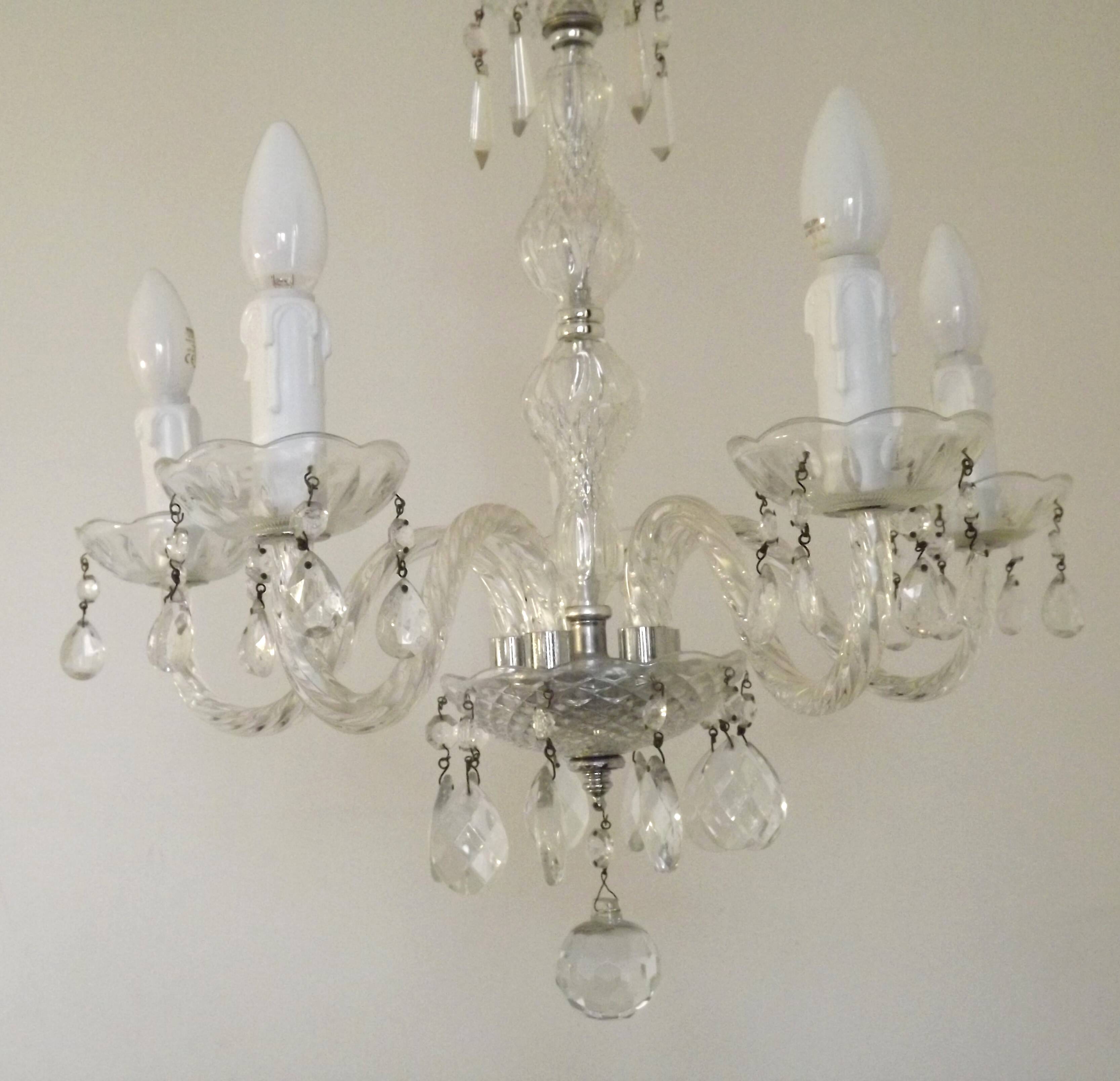 French Vintage  5 Light Barley Twist Glass and Crystal Chandelier