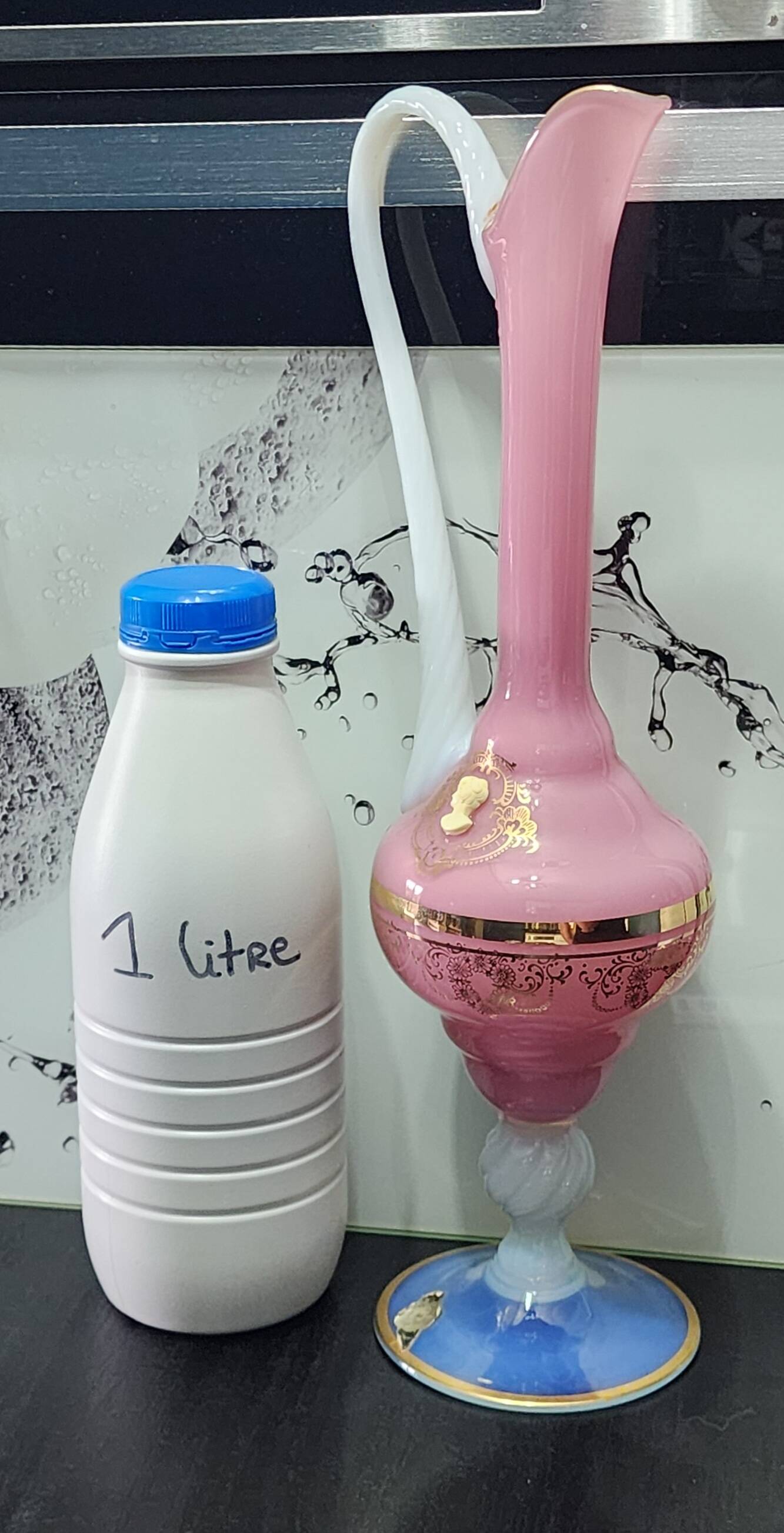 Vintage ewer vase opaline glass pink / blue and gold