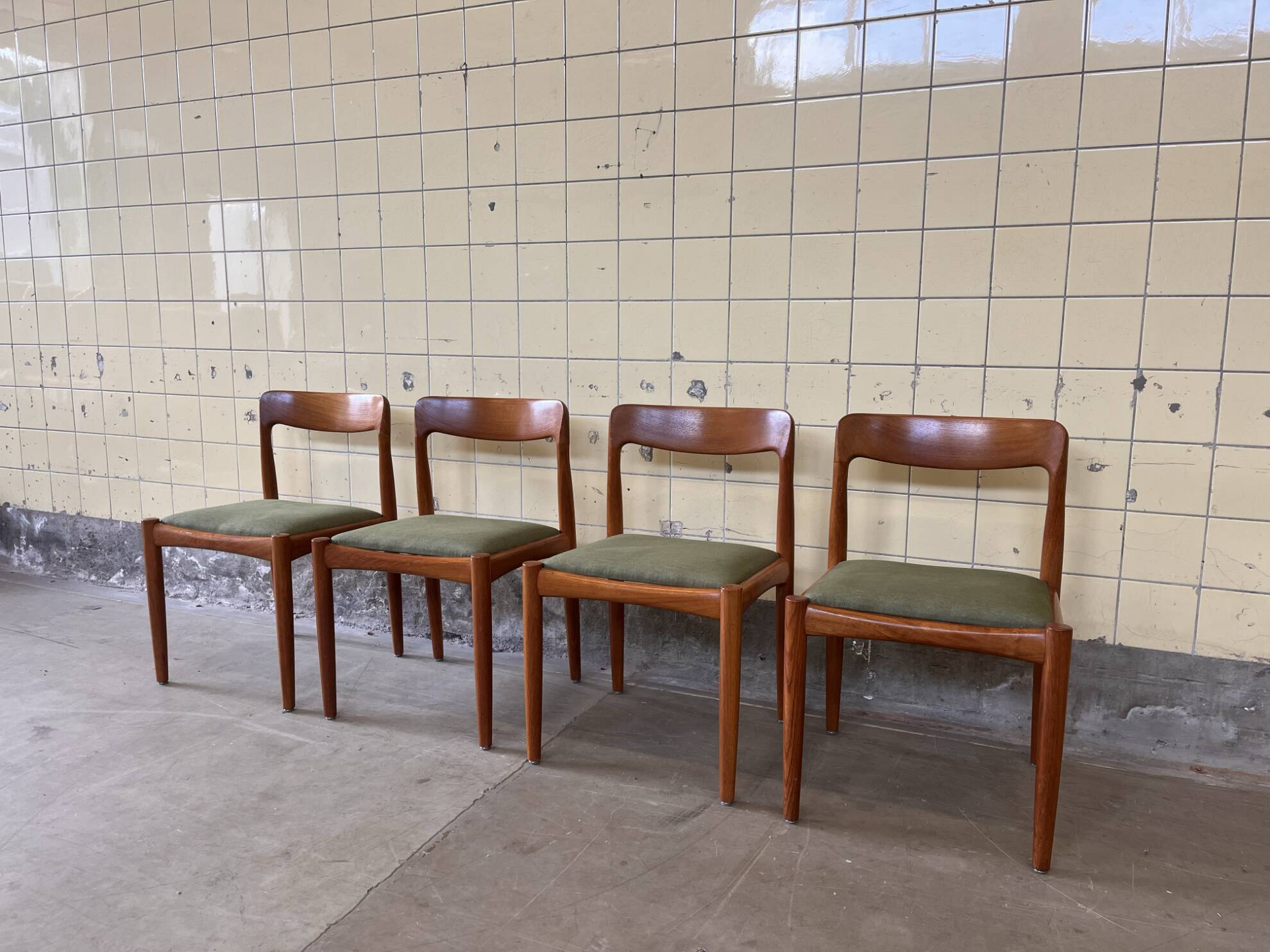 Set of four vintage solid teak dining chairs