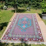 Tunisian carpet in turquoise wool and fuchsia 157x267cm