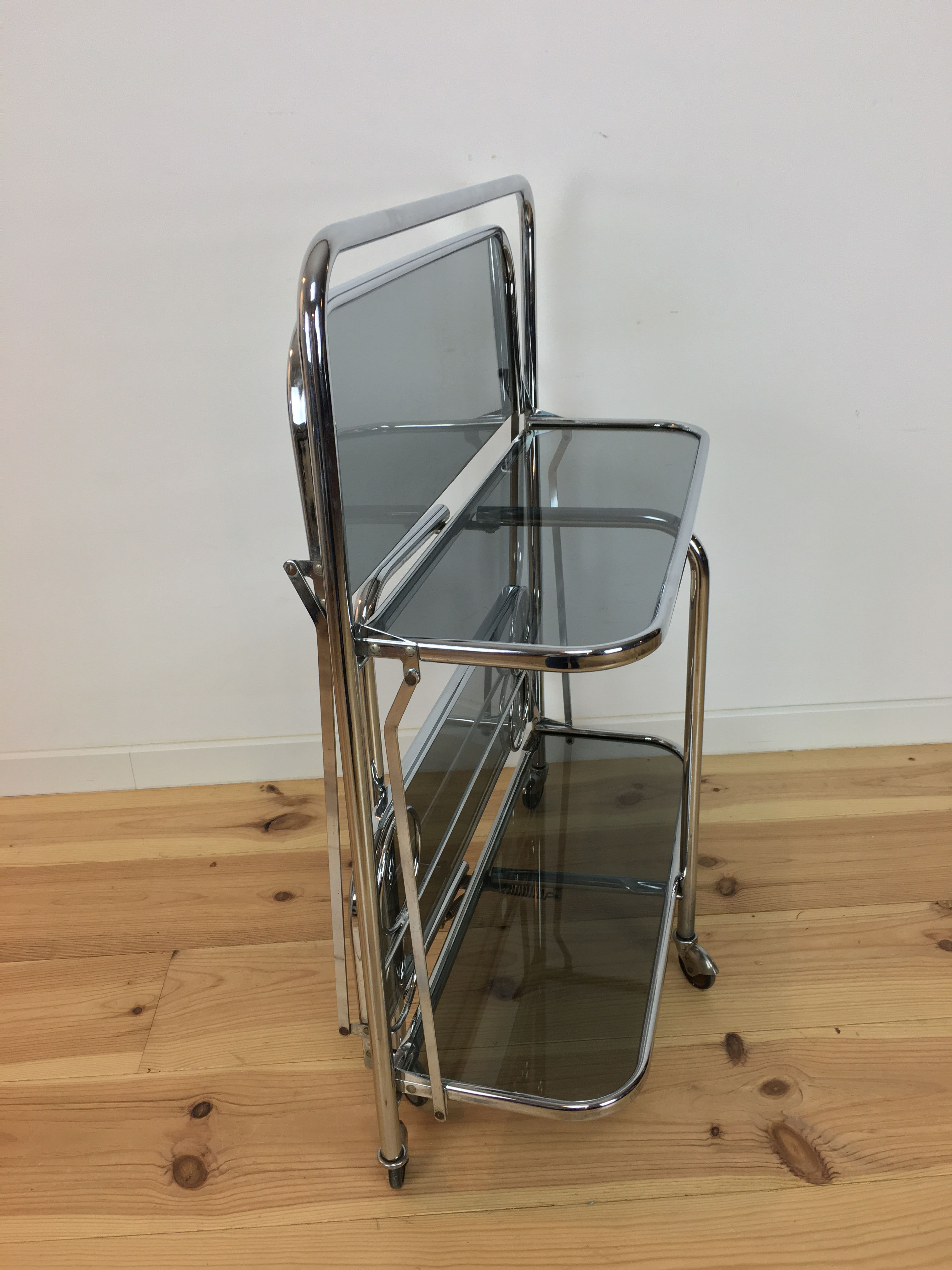 70s chrome folding dessert, smoked glass bar