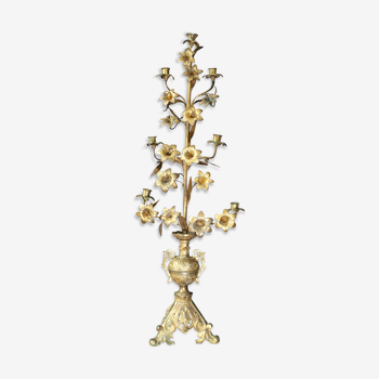 Vintage Antique French Church Candle Holder Brass Metal Lily Flowers And Leaves