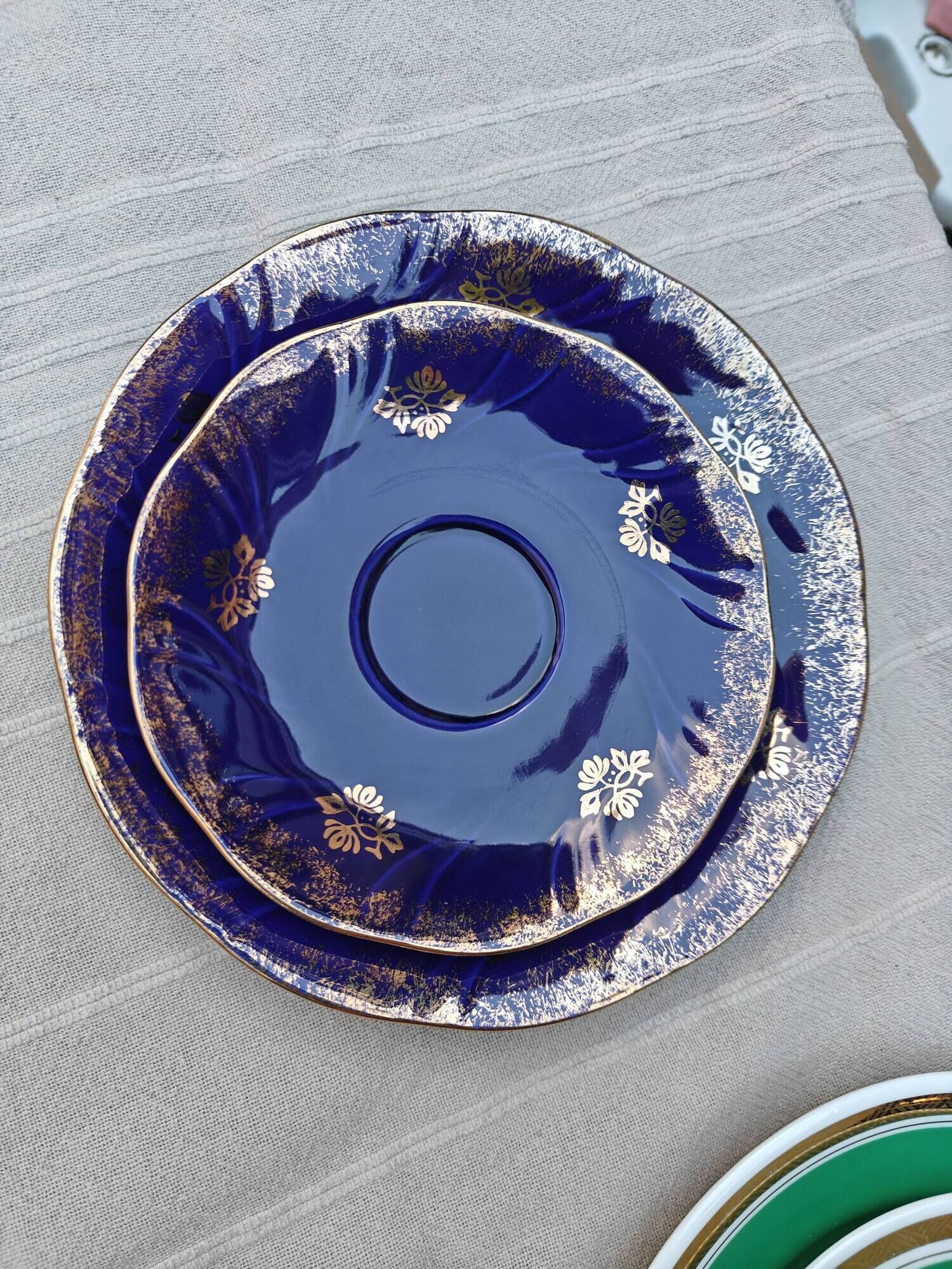 Superb Coffee/Tea Trio in Cobalt Blue & Gold Porcelain - Chodzież Poland