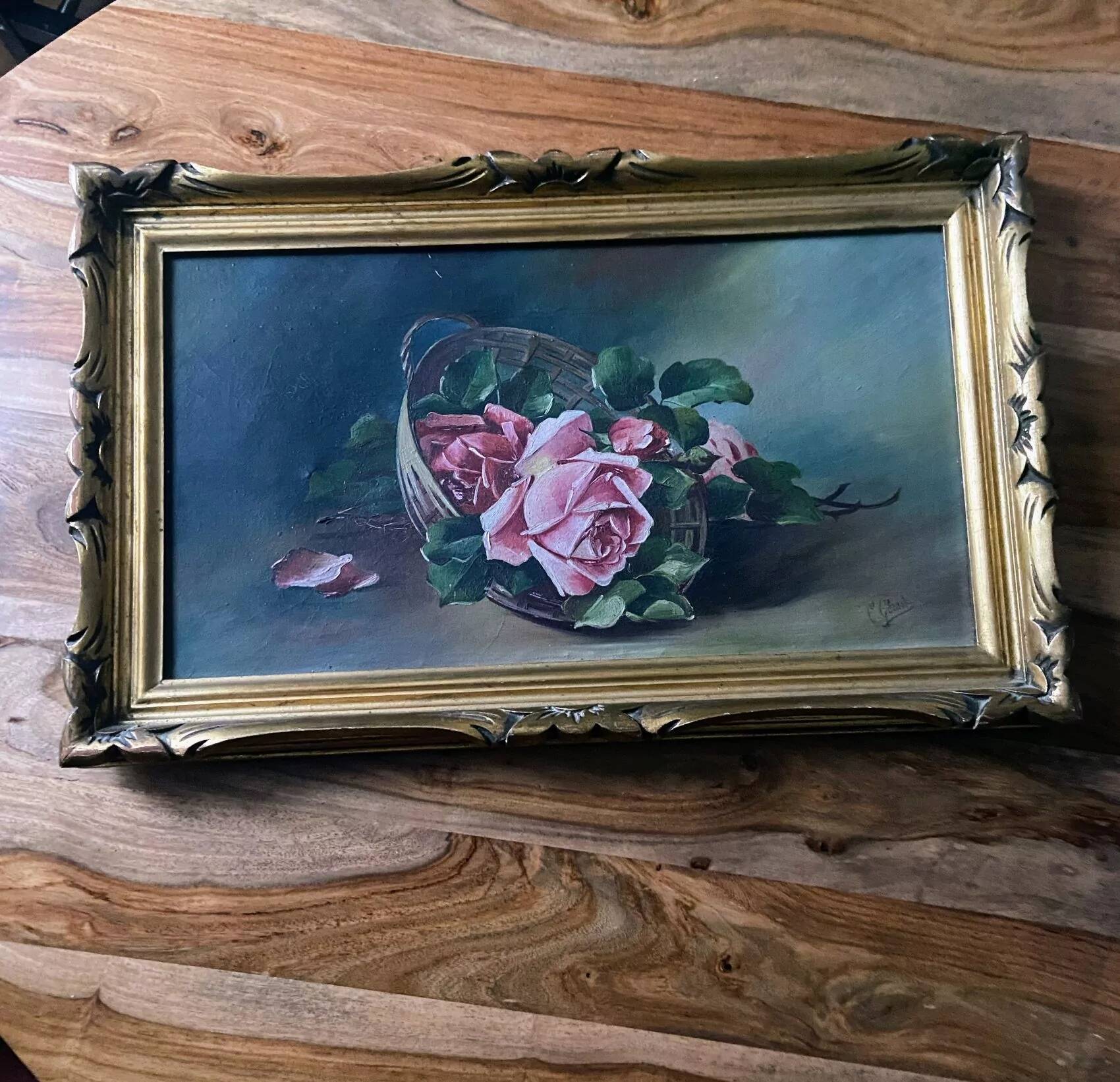 Antique painting - still life with roses - oil painting - 1940s