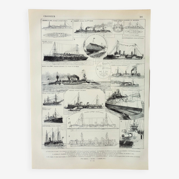 Gravure ancienne 1898, Croiseur ancien, navire, marine • Lithographie, Planche originale