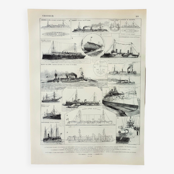 Old engraving 1898, Old cruiser, ship, navy • Lithograph, Original plate