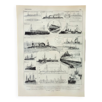 Gravure ancienne 1898, Croiseur ancien, navire, marine • Lithographie, Planche originale