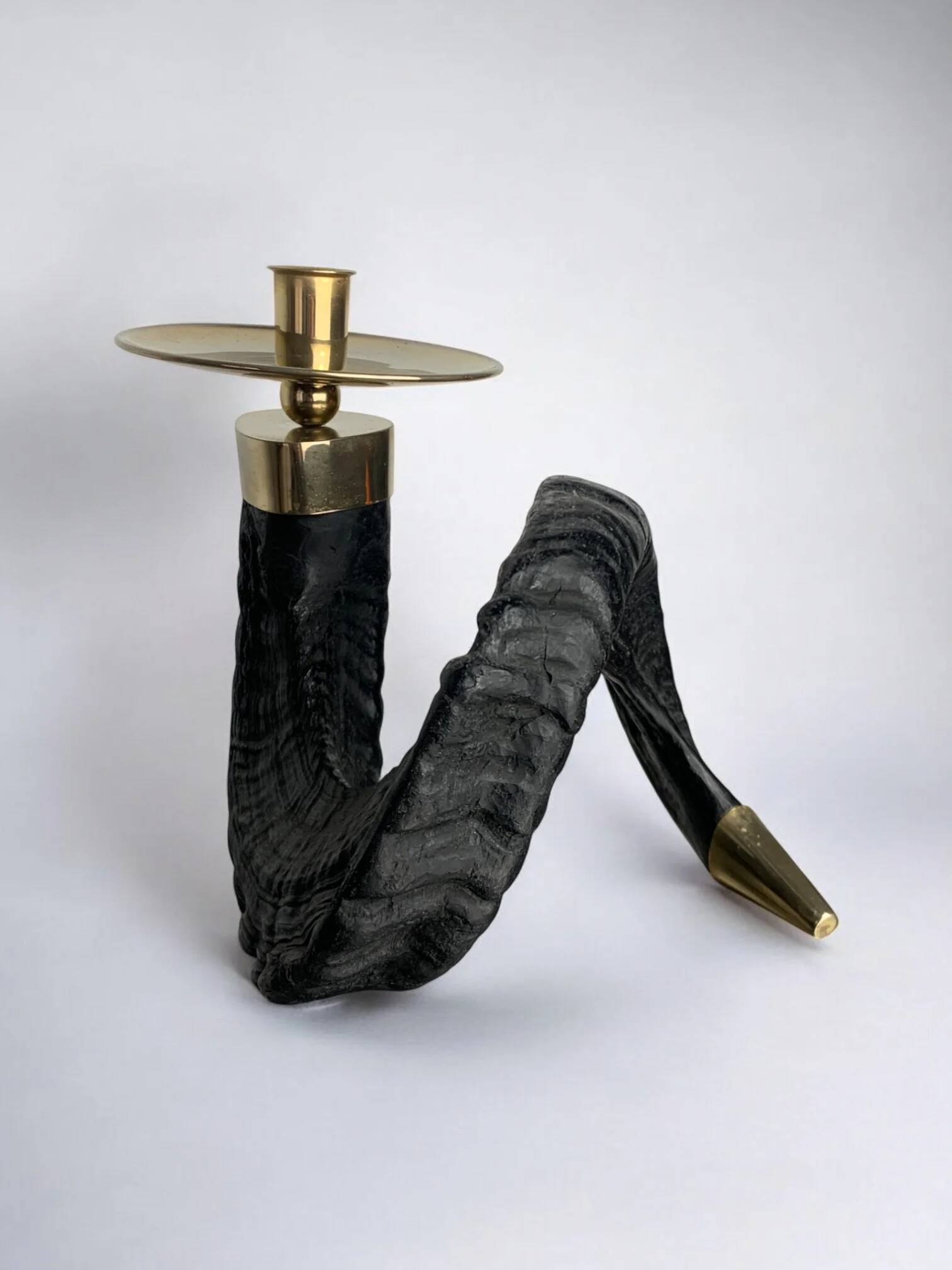 Twisted horn candleholder, resin and brass Italy, 1970s