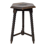 Vintage Table d'Appoint Tripode Polygone Sculpté à la main Tourné en bois massif Travail manuel Grün
