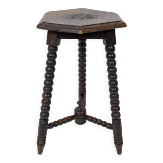 Vintage Table d'Appoint Tripode Polygone Sculpté à la main Tourné en bois massif Travail manuel Grün