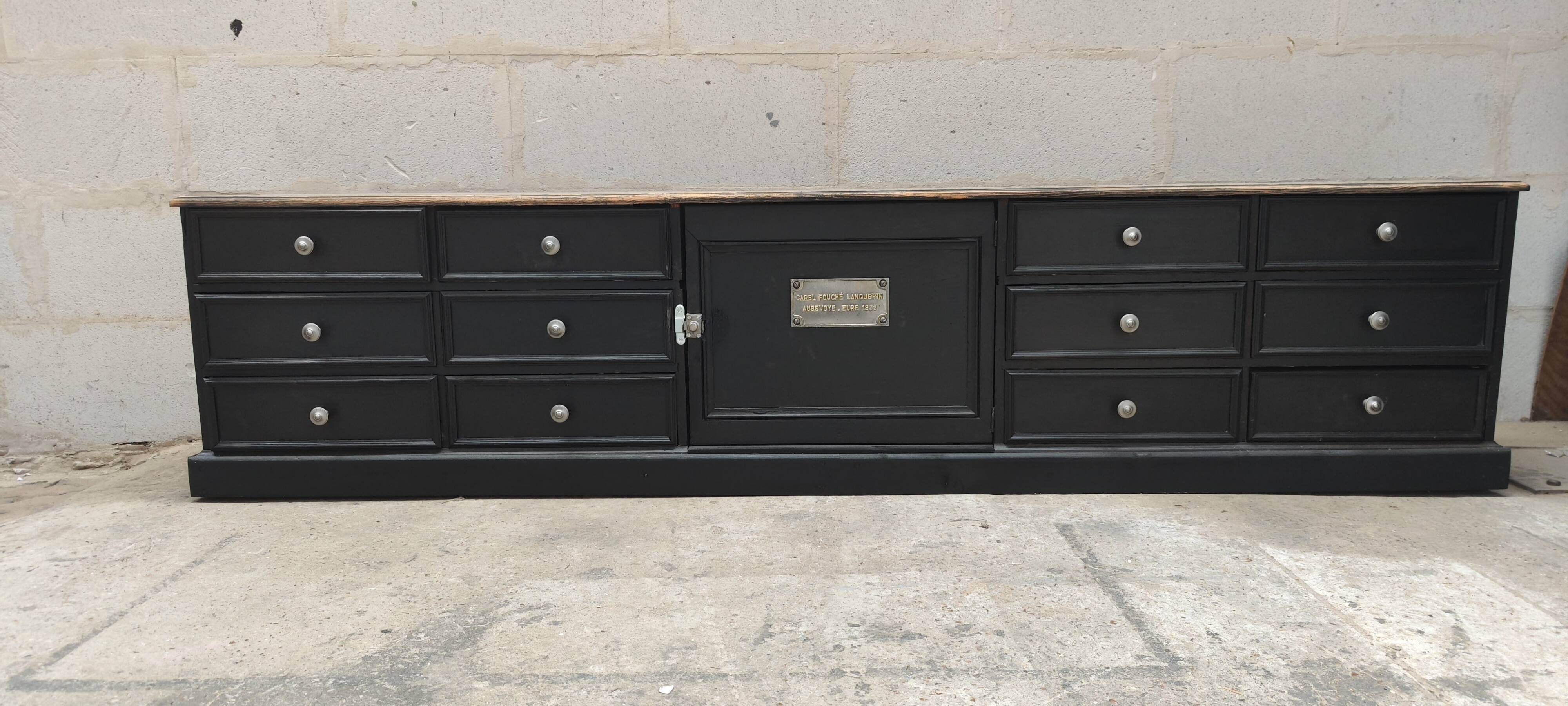 Low TV cabinet with black patina, twelve drawers and one door