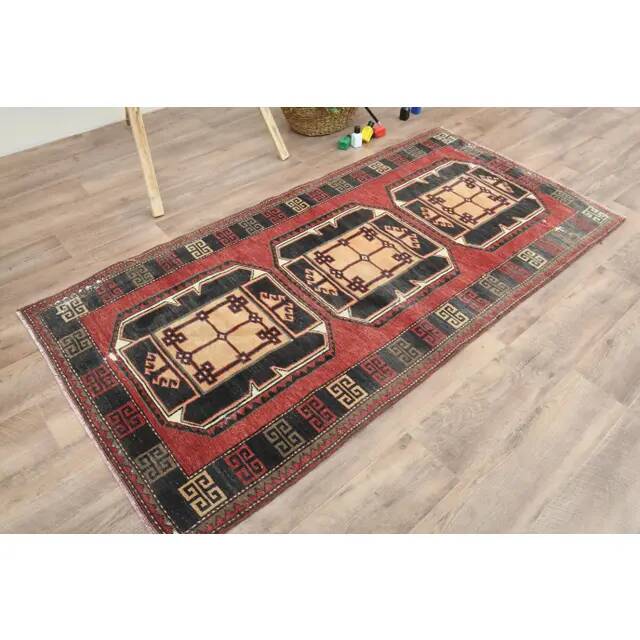 Red Vintage Turkish Oushak Handmade Woven Runner Rug 95x195