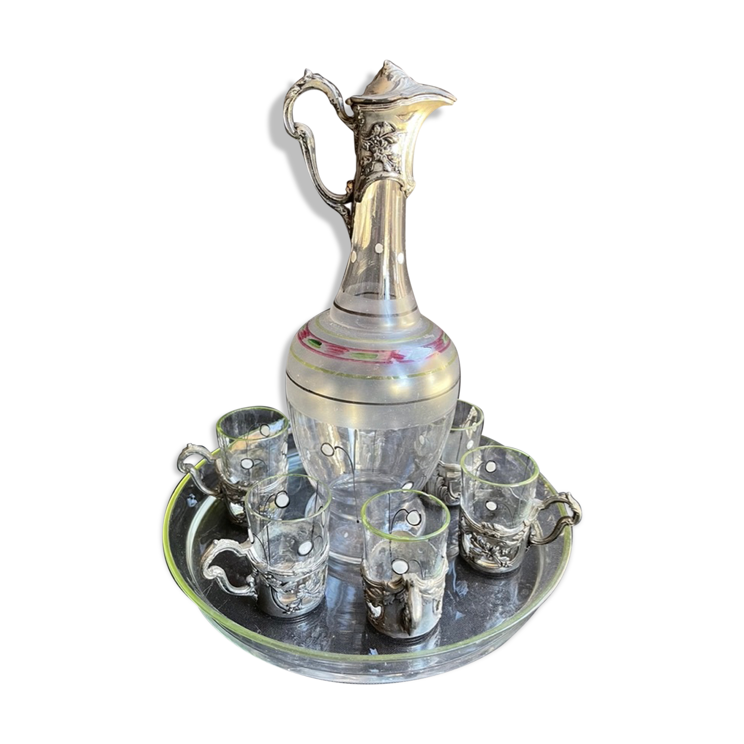 Liquor service Art Nouveau 1/2 Enamelled colored crystal with silver metal frame