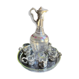 Liquor service Art Nouveau 1/2 Enamelled colored crystal with silver metal frame