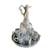Service à liqueur Art nouveau 1/2 Cristal coloré émaillé avec monture métal argenté