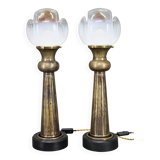 1940s Pair of Italian Restored Brass Table Lamps with Glass Shades