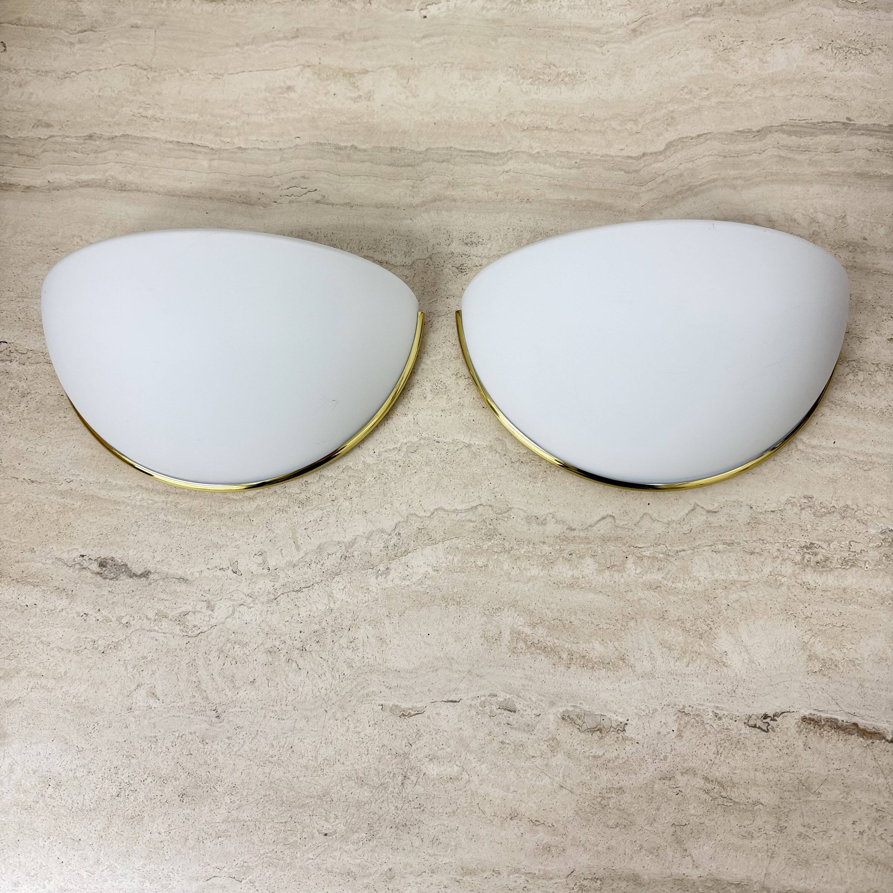 Pair of Limburg Glashütte wall lamp sconce opaline glass with golden detail