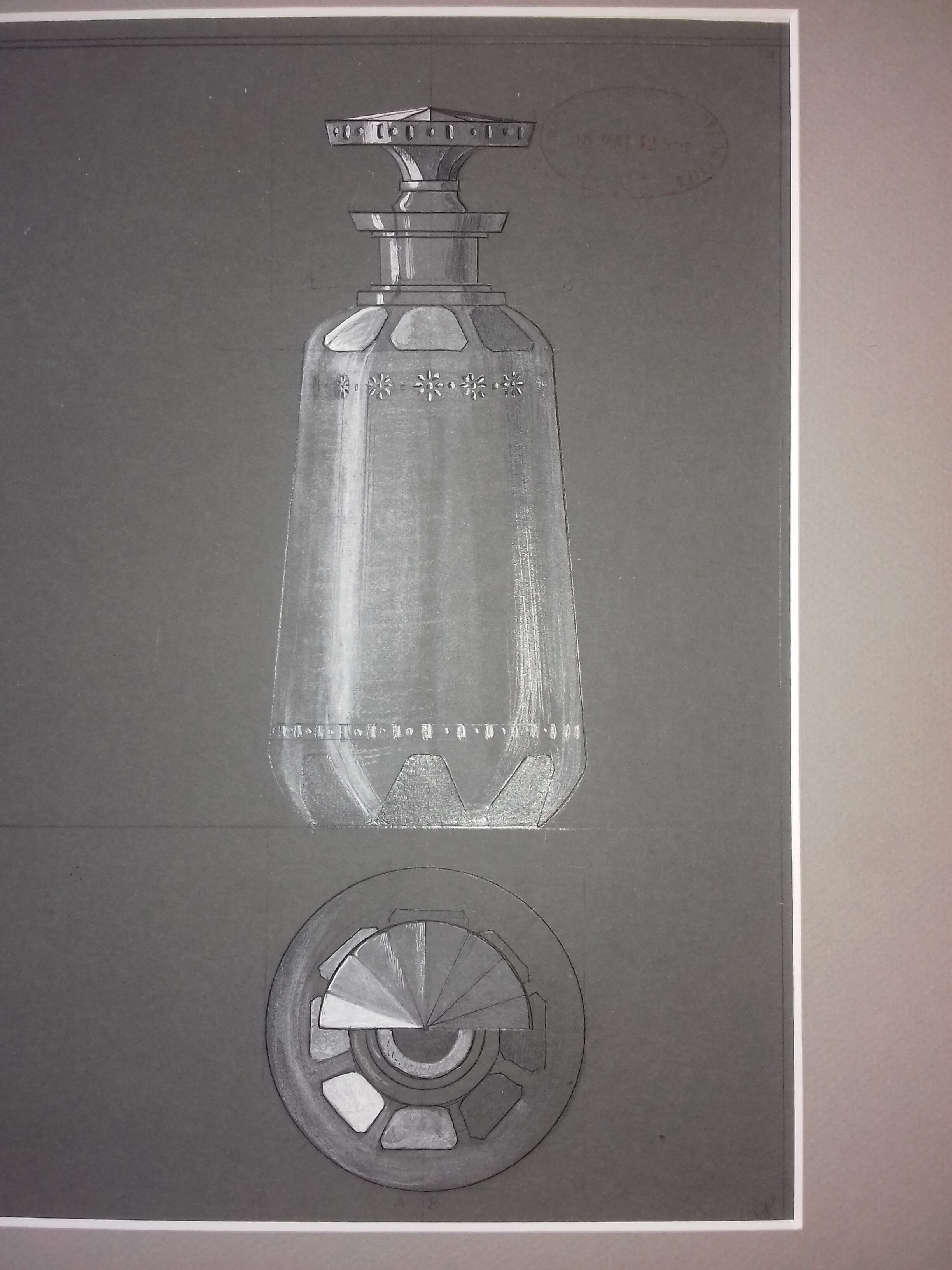 Gouache study of 2 decanters. National School of Decorative Arts circa 1910 on grey paper