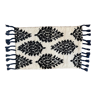 Tapis de laine noué à la main, noir et blanc avec franges bleues, 46x60 cm