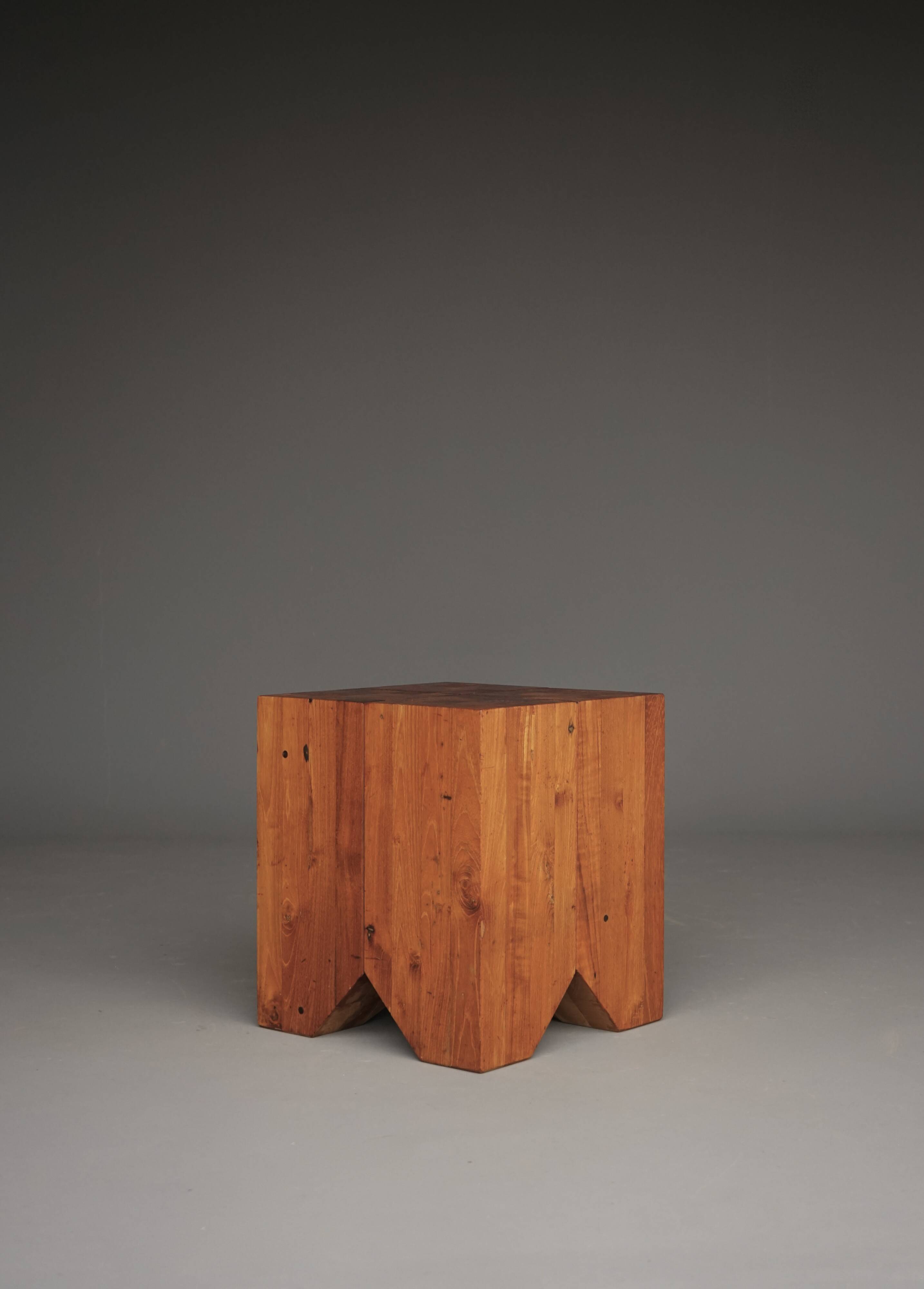 Brutalist solid Teak wood Stool or Side Table. 1990s