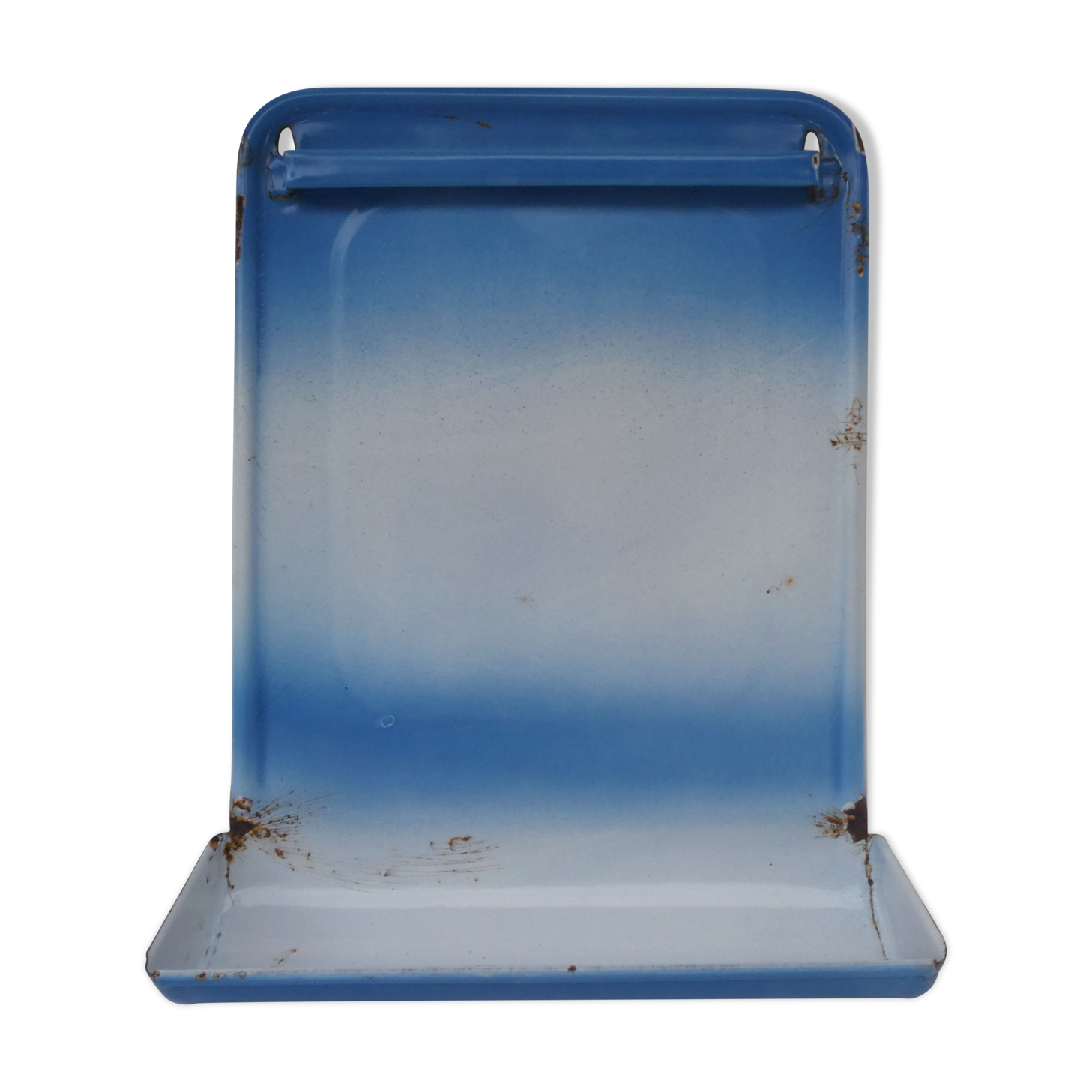 old blue enamelled steel utensil drainer