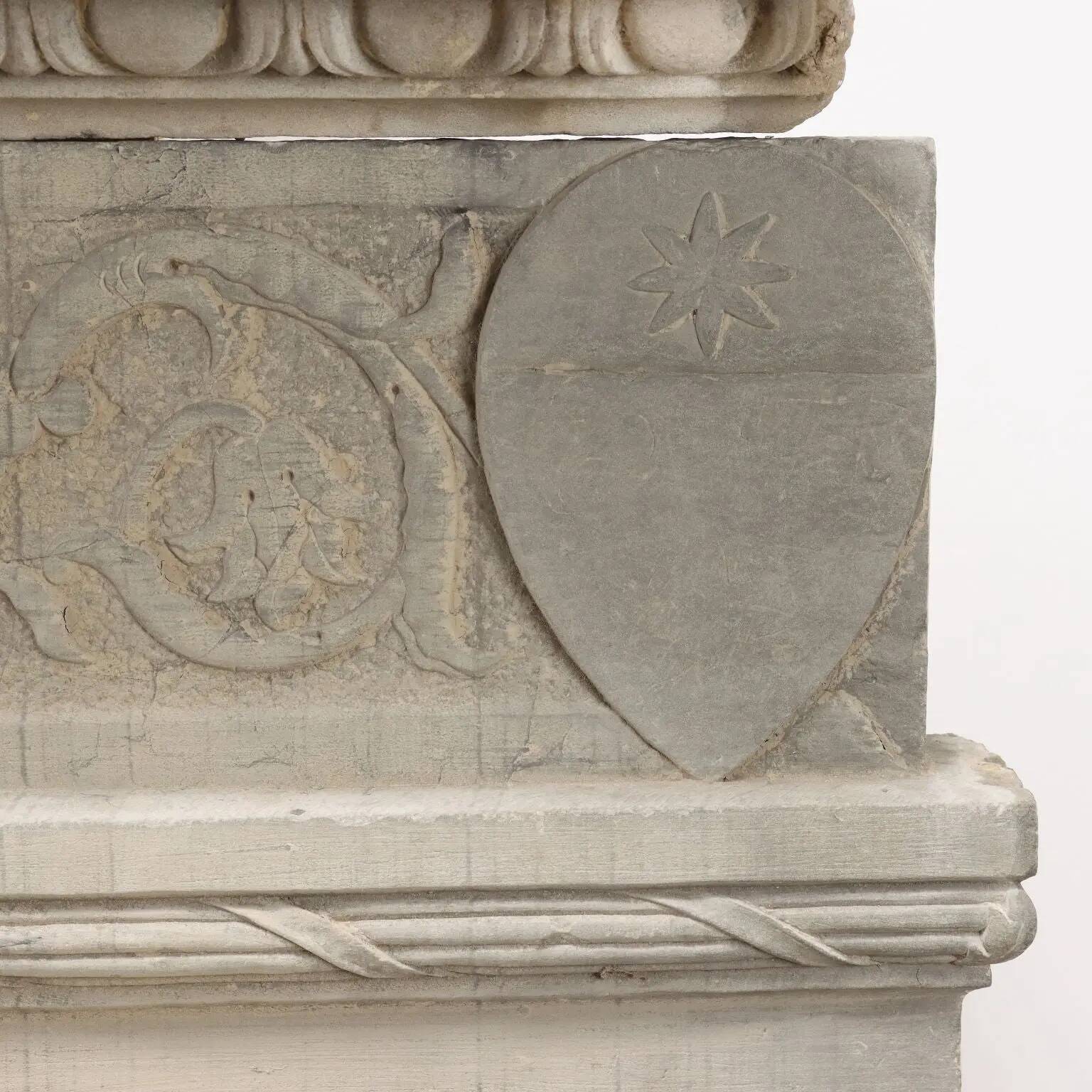 Ancient Renaissance fireplace lintel in pietra serena stone, 15th century.