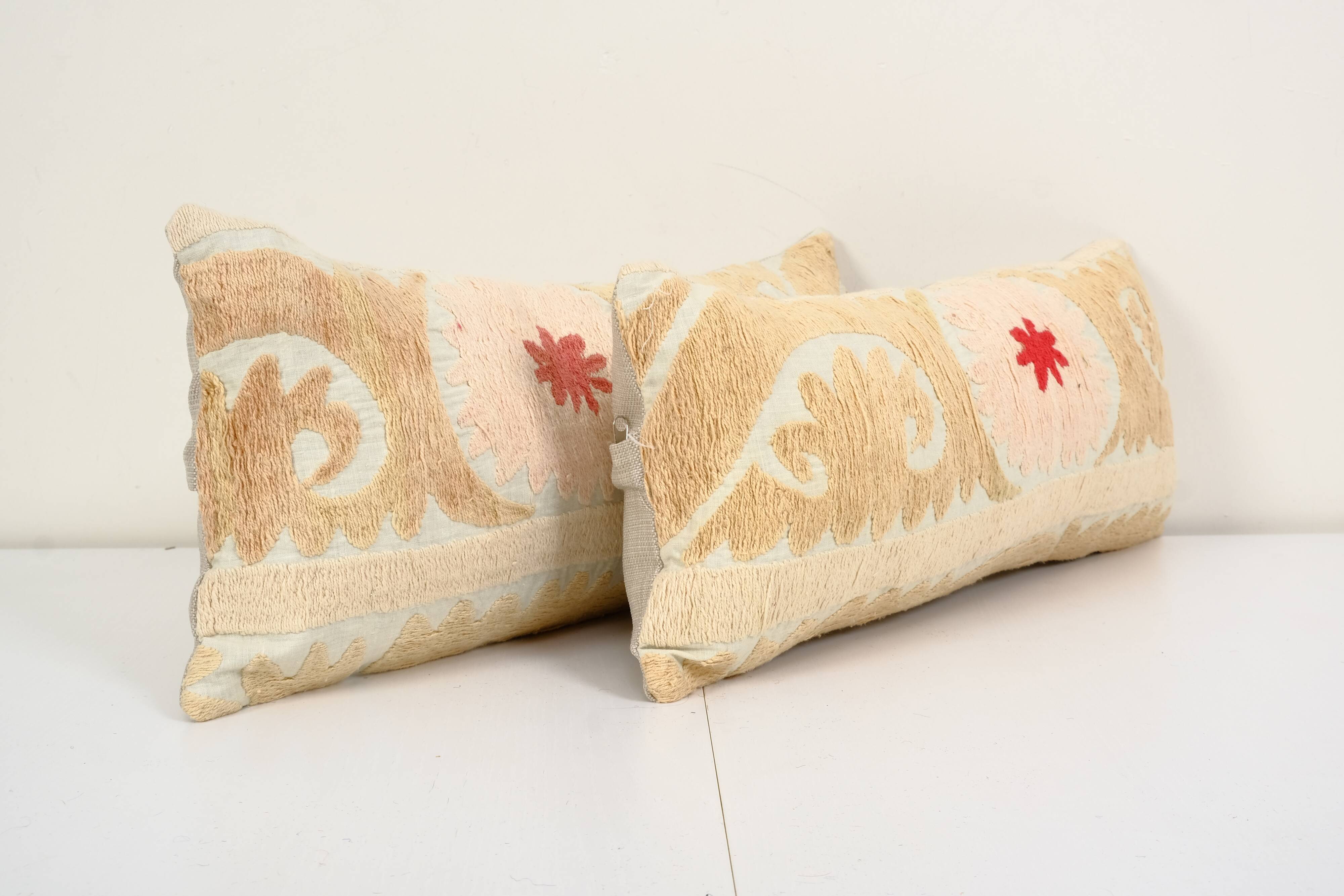 8" x 20" set of two uzbek faded yellow suzani cushion cover, pair suzani pillow case made from