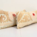 8" x 20" set of two uzbek faded yellow suzani cushion cover, pair suzani pillow case made from