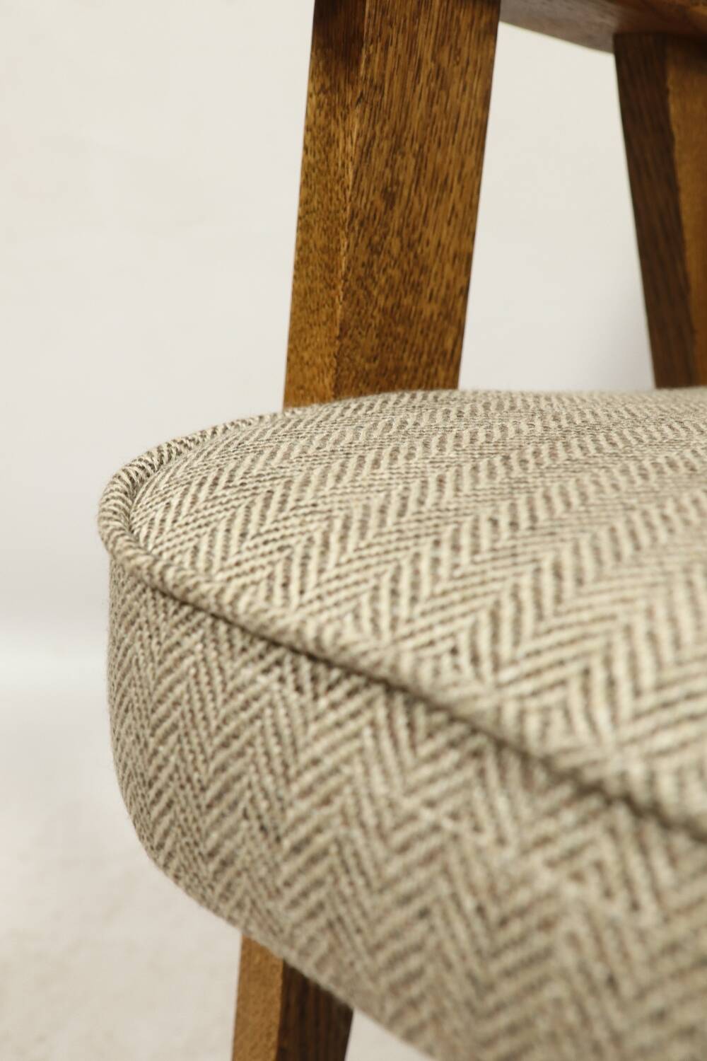 Vintage armchair in natural rustic oak wood herringbone fabric modern design by Chierovsky