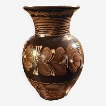Vase hongrois poterie decor floral ton marrons signe mhv