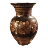 Hungarian pottery vase floral decor brown tone signed mhv