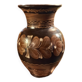 Hungarian pottery vase floral decor brown tone signed mhv