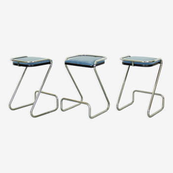 Set of 3 mid century italian tubular chrome z bar stool, 1970s