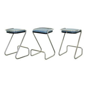 Set of 3 mid century italian tubular chrome z bar stool, 1970s