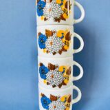 Set of 4 coffee cups, floral pattern saucers, 70s