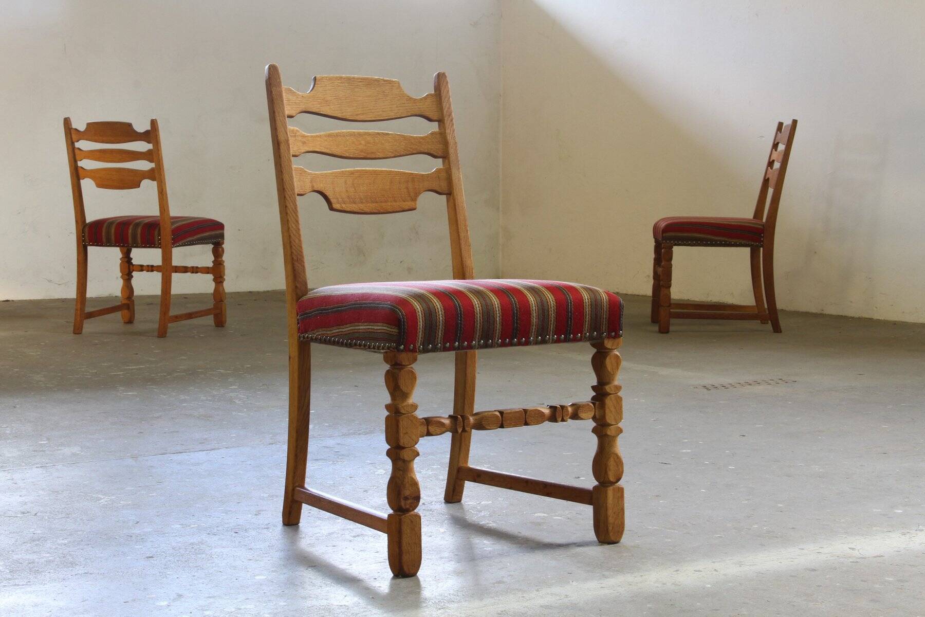 Danish modern brutalist oak dining chairs by Henning Kjærnulf, 1960s, set of 6