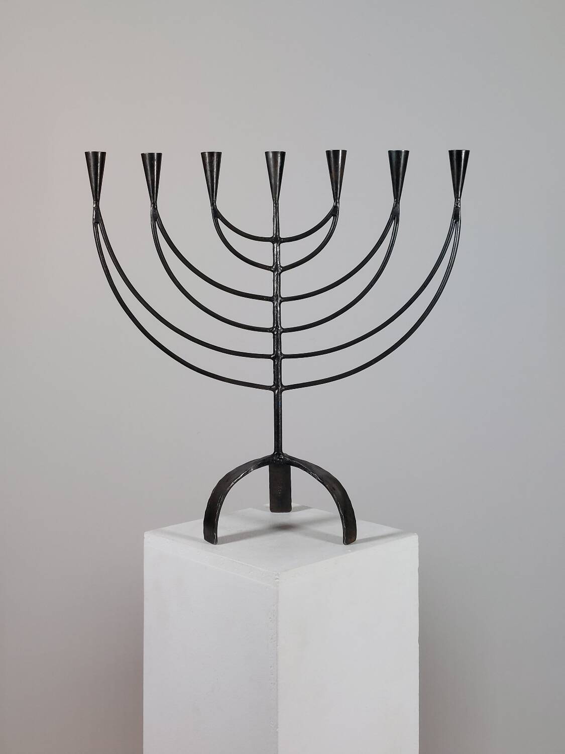 Vintage Swedish Menorah candle holder, hand-forged, in brutalist style.